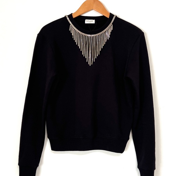 $1495 Saint Laurent Cotton Jersey Top with Necklace embellishment Black - Picture 7 of 10